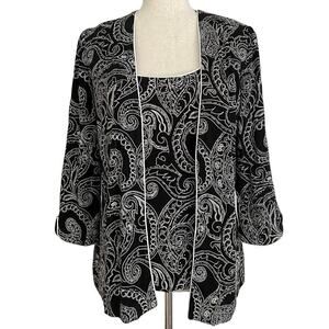 ALEX EVENINGS 2PC JACKET And TANK SET Sz M BLACK WHITE SILVER Cocktail Party